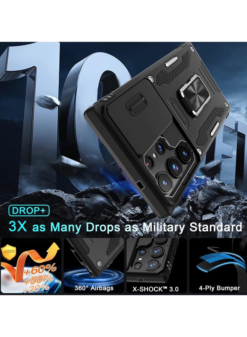 Case for Samsung Galaxy S24 Ultra with Slide Camera Cover, Rotated Ring Kickstand Shockproof Protective Cover-Black - Image 3