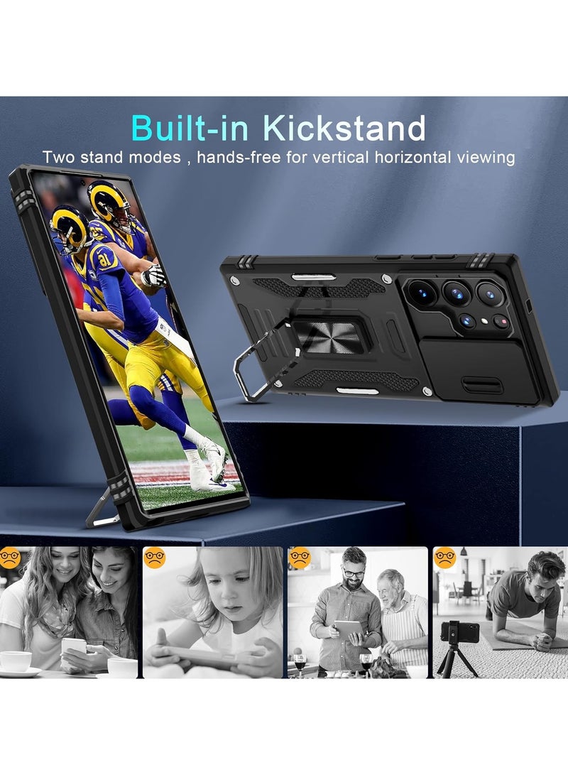 Case for Samsung Galaxy S24 Ultra with Slide Camera Cover, Rotated Ring Kickstand Shockproof Protective Cover-Black - Image 4