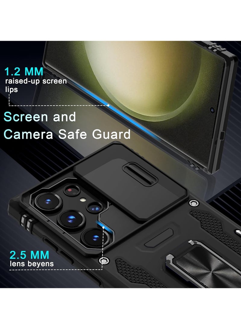Case for Samsung Galaxy S24 Ultra with Slide Camera Cover, Rotated Ring Kickstand Shockproof Protective Cover-Black - Image 5