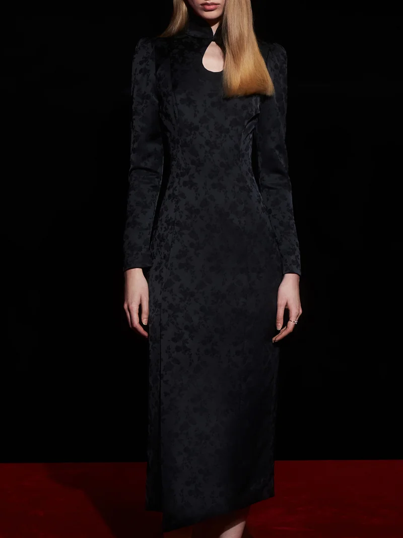 Fitted jacquard midi dress with teardrop neckline