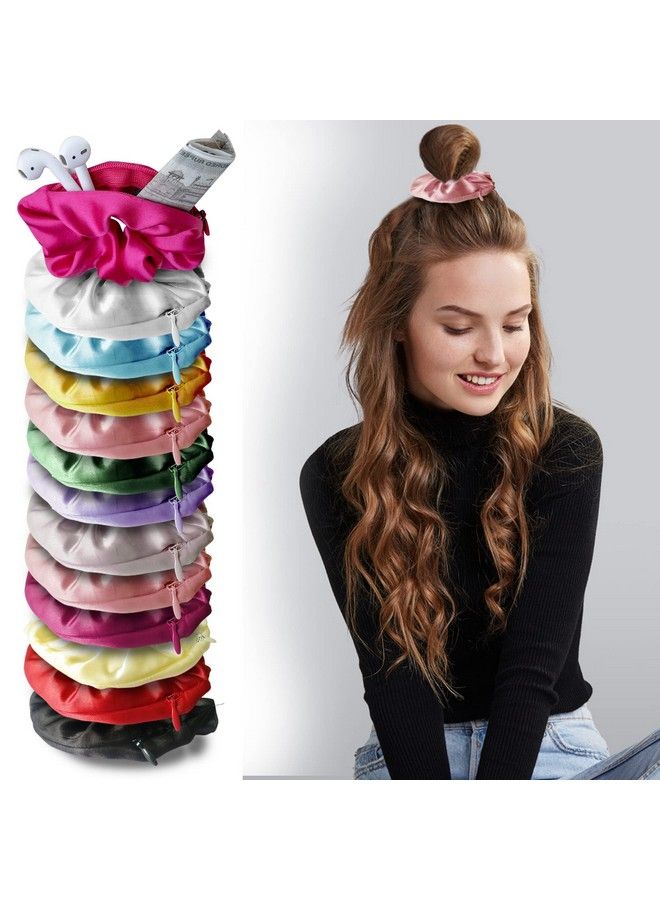 Sanas Zipper Scrunchies 12 Pcs Hairtie For Women Scrunchies Set Hair Ties Ponytail Holder Satin Rubber Bands For Hair Scrunchies Satin Silk Scrunchie With Zip Girls Hair Accessories Scrunchies Combo - Image 1