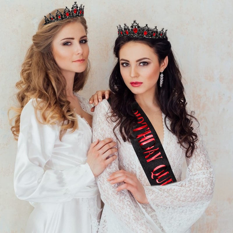 CAVETEE Red Black Birthday Crown and Sash for Women Sash & Rhinestone Tiara Set Red and Black Party Decorations Birthday Queen Crowns Tiaras for Women - Image 5