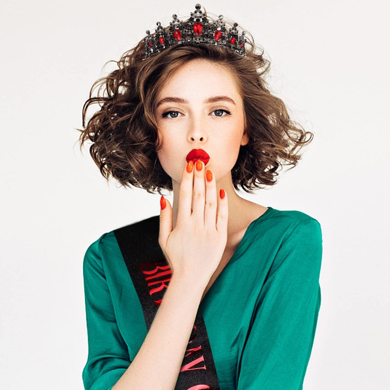 CAVETEE Red Black Birthday Crown and Sash for Women Sash & Rhinestone Tiara Set Red and Black Party Decorations Birthday Queen Crowns Tiaras for Women - Image 4
