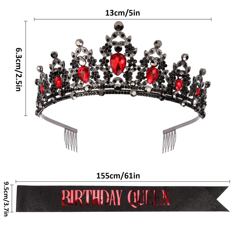 CAVETEE Red Black Birthday Crown and Sash for Women Sash & Rhinestone Tiara Set Red and Black Party Decorations Birthday Queen Crowns Tiaras for Women - Image 3