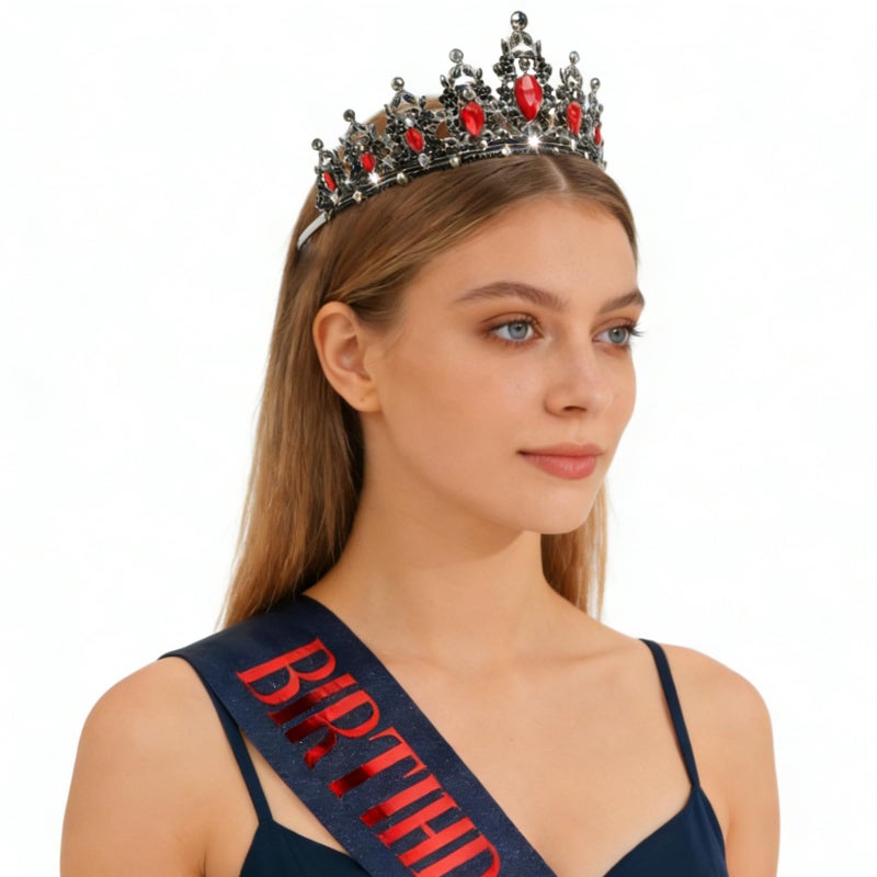 CAVETEE Red Black Birthday Crown and Sash for Women Sash & Rhinestone Tiara Set Red and Black Party Decorations Birthday Queen Crowns Tiaras for Women - Image 2