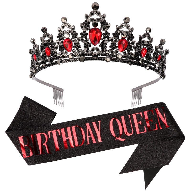 CAVETEE Red Black Birthday Crown and Sash for Women Sash & Rhinestone Tiara Set Red and Black Party Decorations Birthday Queen Crowns Tiaras for Women - Image 1