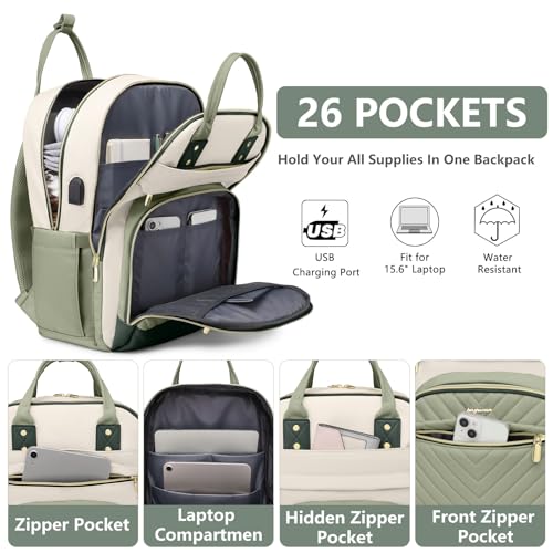 bagswan Laptop Backpack for Women Work Bag - 15.6 inch Travel Backpack with USB Charger College Bookbag Waterproof Business Computer Backpack Anti-theft Casual Backpacks for Nurse Teacher Beige Light Green - Image 2