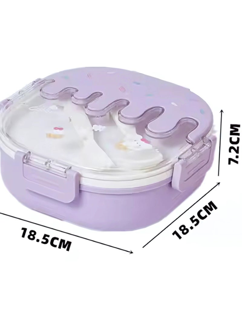 Twisoo Bento Stainless Steel Lunch Box for Kids Adults 3 Compartment Plastic Cute Ice Cream Lunch Snack Containers with Fork and Spoon - Double Decker BPA Free Leakproof (Purple)