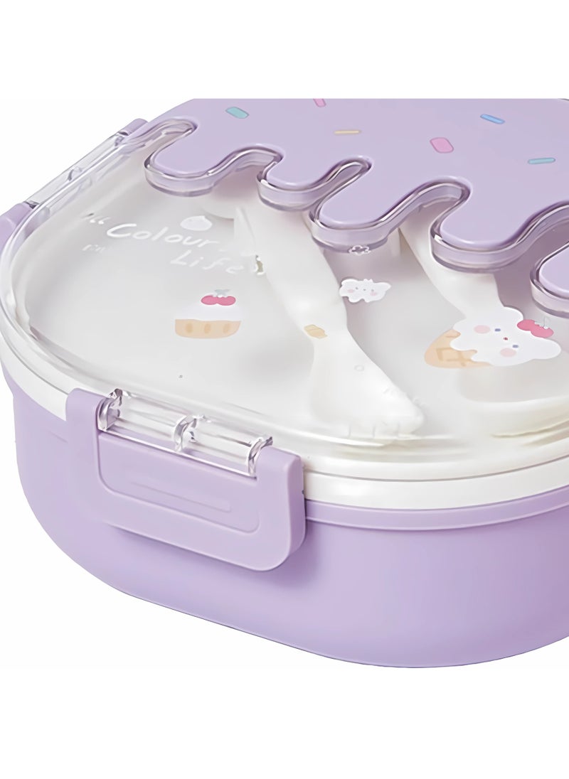 Twisoo Bento Stainless Steel Lunch Box for Kids Adults 3 Compartment Plastic Cute Ice Cream Lunch Snack Containers with Fork and Spoon - Double Decker BPA Free Leakproof (Purple)