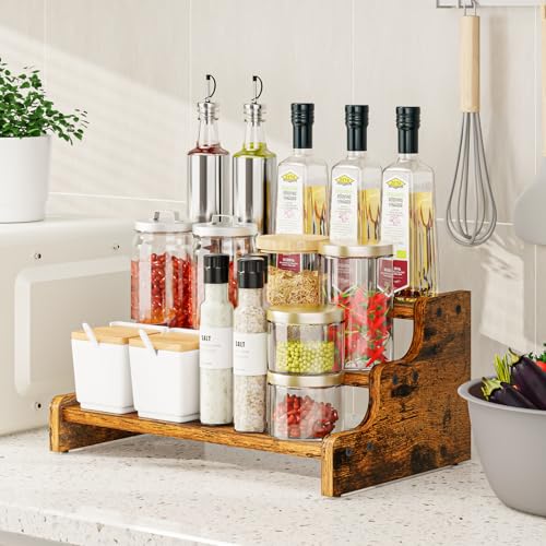 KLM 3-Tier Spice Rack, 13.8 Inch Wood Step Shelf Countertop Spice Storage Holder, Kitchen Pantry Cabinet Organizer Cupboard for Spice Bottles, Jars, Seasonings, Baking Supplies,Bathroom Organizer - Image 2