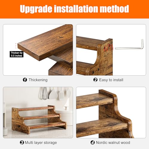 KLM 3-Tier Spice Rack, 13.8 Inch Wood Step Shelf Countertop Spice Storage Holder, Kitchen Pantry Cabinet Organizer Cupboard for Spice Bottles, Jars, Seasonings, Baking Supplies,Bathroom Organizer - Image 5