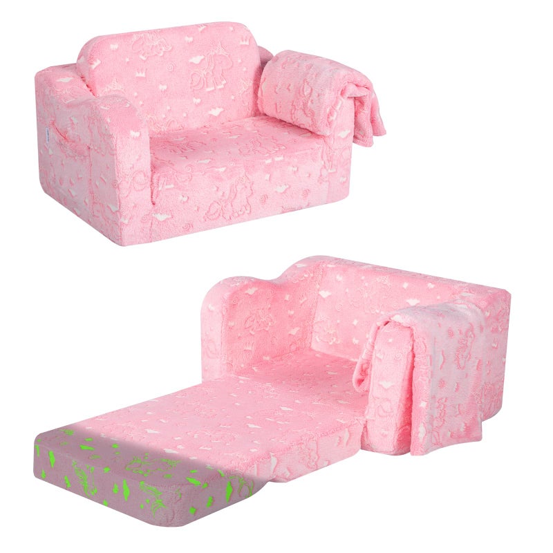 MeMoreCool Kids Couch Folding Toddler Armchair Chair Sofa Soft Plush Fold Out Kids Sofa Bed Glow in The Dark Comfy Baby Recliner for Girls Boys Glowing Unicorn
