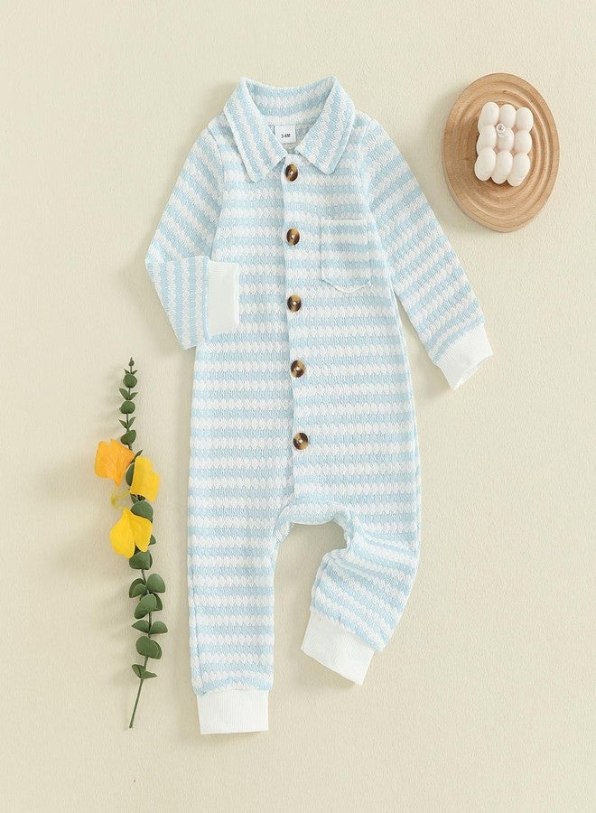 Thorn Tree Baby Boys Clothes Infant Knit Romper Long Sleeve Newborn Outfits Button Closure Onesie Turn Down Collar Jumpsuit (Blue, 0-3M) - Image 3