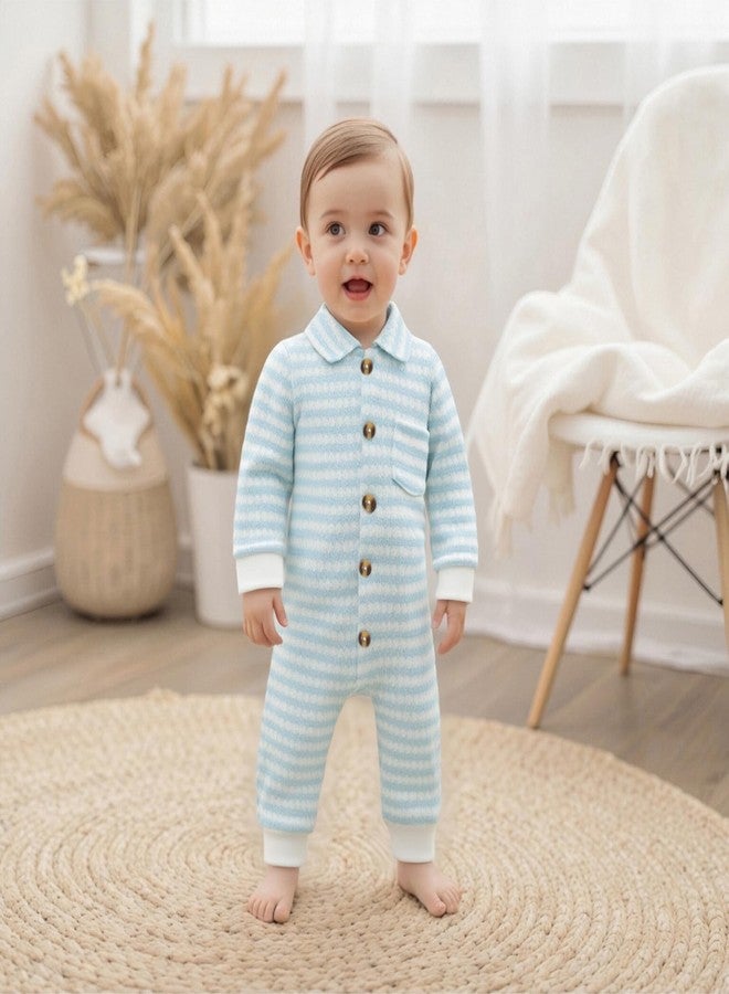 Thorn Tree Baby Boys Clothes Infant Knit Romper Long Sleeve Newborn Outfits Button Closure Onesie Turn Down Collar Jumpsuit (Blue, 0-3M) - Image 2