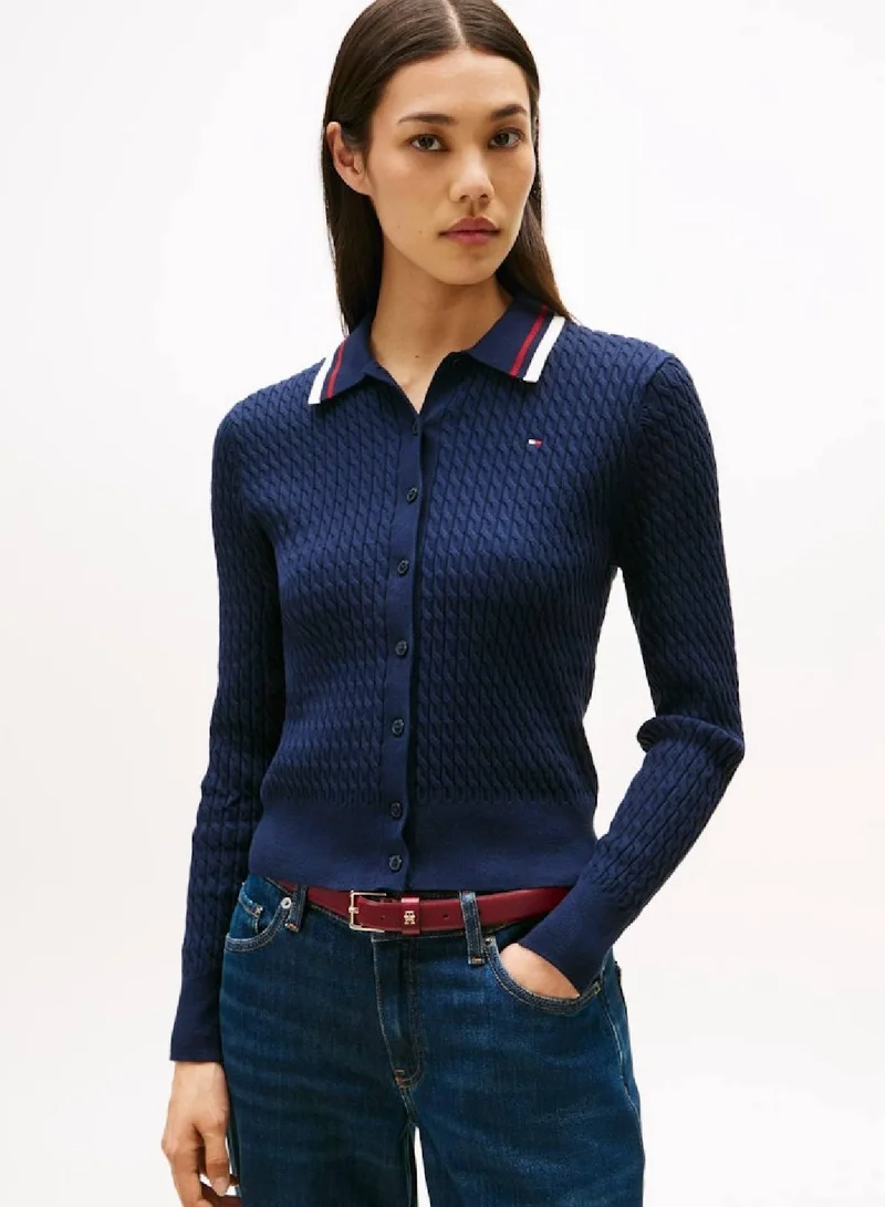 TOMMY HILFIGER Fine Cable Knit Polo Collar Cardigan