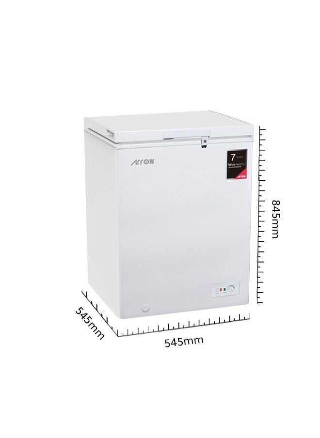 Arrow - 100L 3.5 Cu.Ft Chest Freezer with Energy Saving, Super Freeze, Electronic Temperature Control, Manual Defrost, Recessed External Handle, Wheels, White Finish | Model No: RO-160F - Image 1
