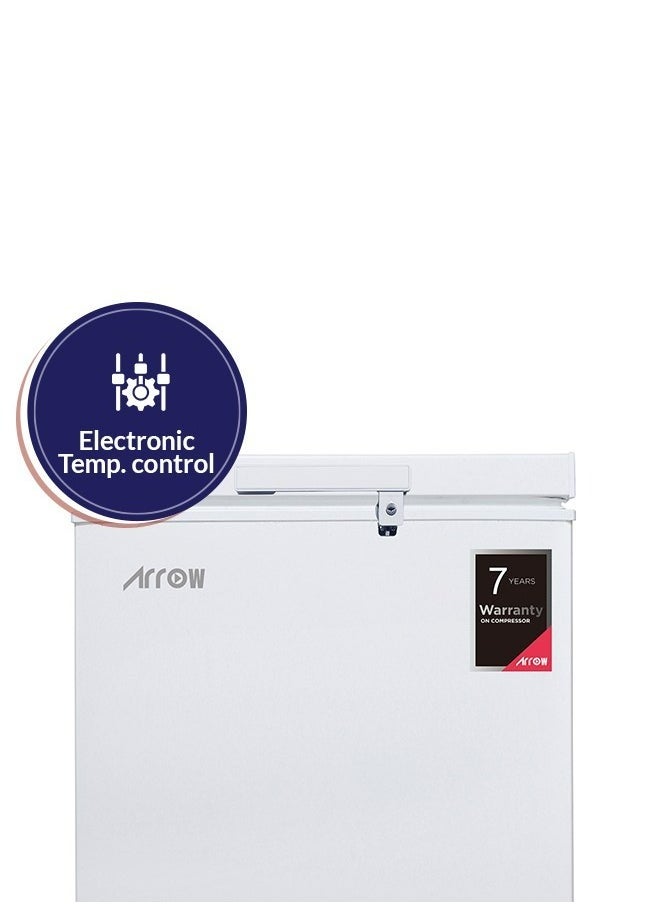 Arrow - 100L 3.5 Cu.Ft Chest Freezer with Energy Saving, Super Freeze, Electronic Temperature Control, Manual Defrost, Recessed External Handle, Wheels, White Finish | Model No: RO-160F - Image 1