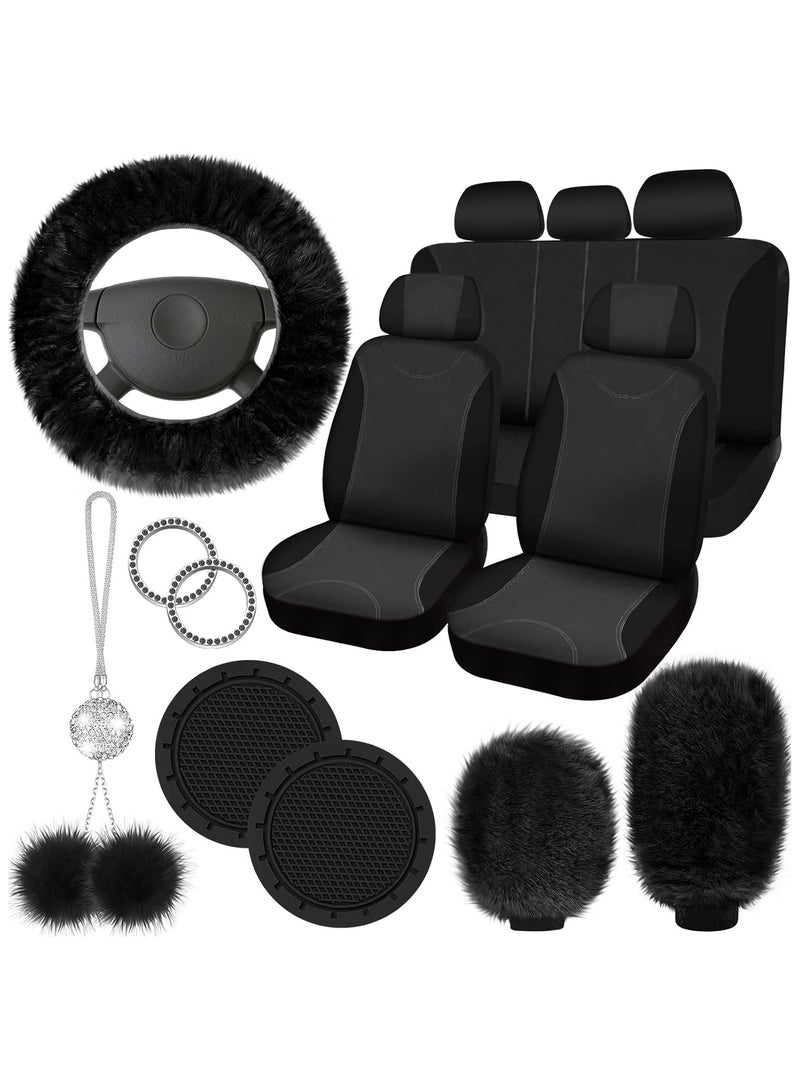 Digipace 17 Pieces Car Seat Cover  Universal Fit Car Front Rear Seat Covers, Fluffy Steering Wheel Covers, Fleece Handbrake Shift Cover, Hanging Accessory Holder Ring Emblem Sticker - Image 2