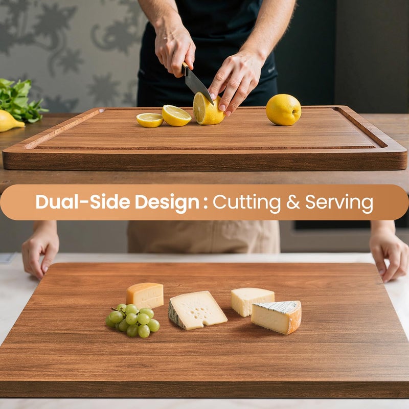 BETOLEAN Acacia Wood Cutting Boards for Kitchen, 17x12 Inch Butcher Block with Deep Juice Grooves & Non-Slip Handle Reversible Chopping Board for Meat Cheese Vegetables - Image 4