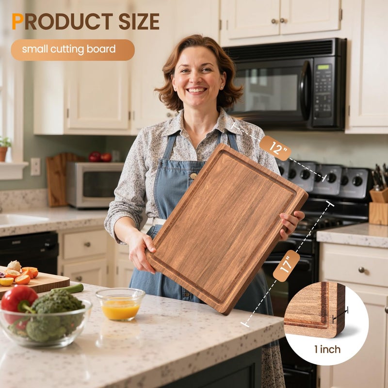 BETOLEAN Acacia Wood Cutting Boards for Kitchen, 17x12 Inch Butcher Block with Deep Juice Grooves & Non-Slip Handle Reversible Chopping Board for Meat Cheese Vegetables - Image 5