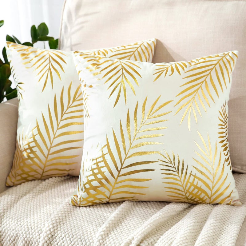 JOTOM Set of 2 Cushion Covers Decor Velvet Throw Pillow Covers Gold Leaves Decorative Pillow Cases Bronzing Flannelette Cushion Cover for Couch Bedroom Sofa Car Home Living Room Decor 45x45cm Cream