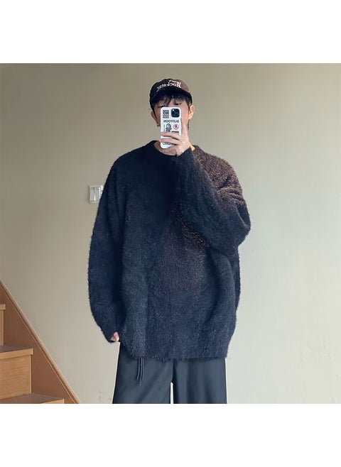 Brown American Retro Cashmere Sweater Men Winter Lazy Style Loose Knitted Sweater Coat Soft Comfortable Black