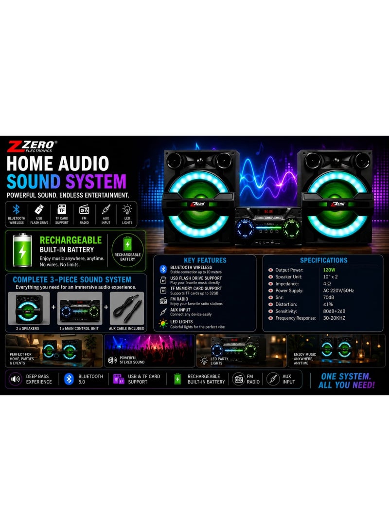 Zero ZR15000 Rechargeable Bluetooth Home Theater Sound System with 2 Speakers - Black - Image 3