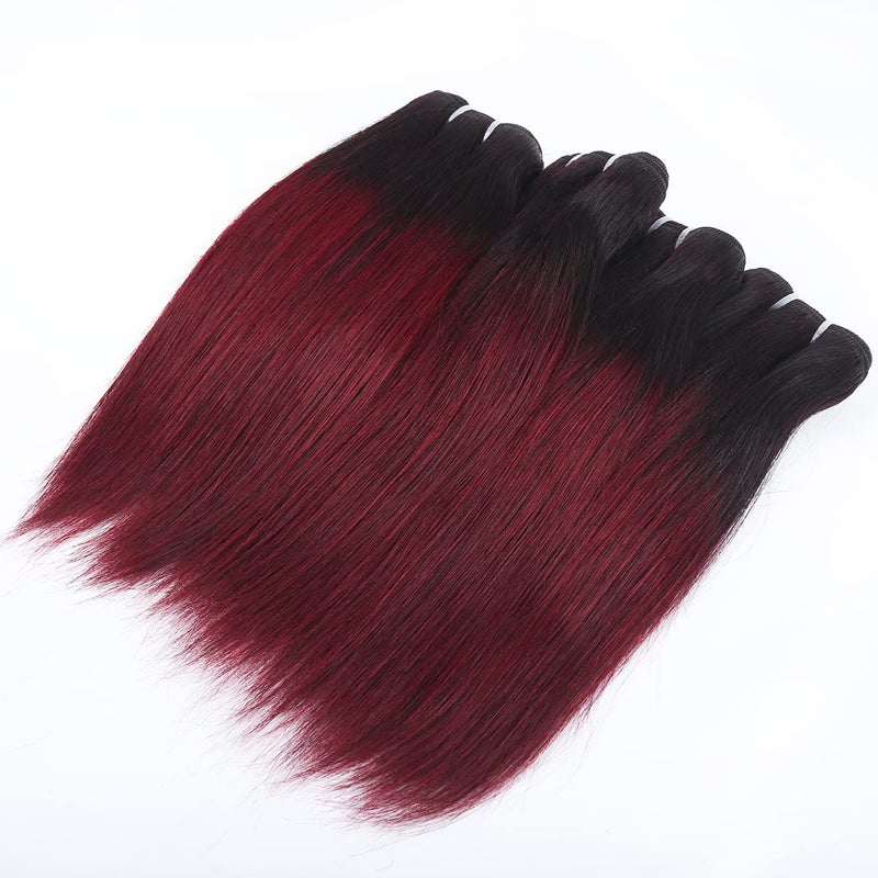 FQ 1b/99j Ombre Bundles with Closure(10 10 10+10) Brazilian Straight Human Hair Red Burgundy Short Bob with 4x4 Lace Closure 50g/bundle - Image 2