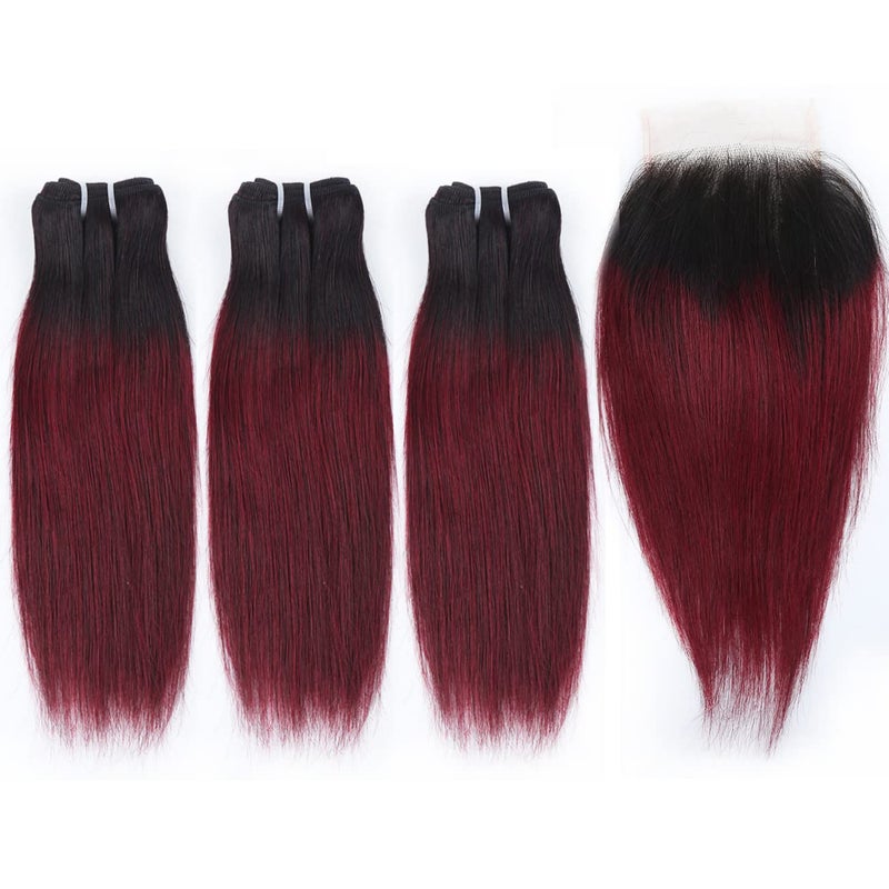 FQ 1b/99j Ombre Bundles with Closure(10 10 10+10) Brazilian Straight Human Hair Red Burgundy Short Bob with 4x4 Lace Closure 50g/bundle - Image 3