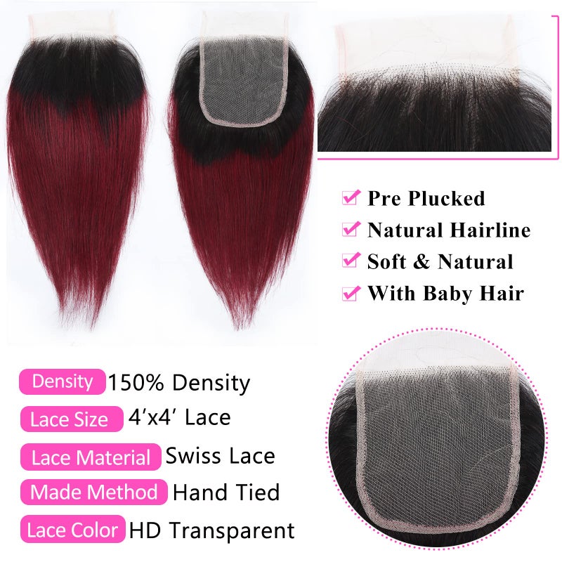 FQ 1b/99j Ombre Bundles with Closure(10 10 10+10) Brazilian Straight Human Hair Red Burgundy Short Bob with 4x4 Lace Closure 50g/bundle - Image 5
