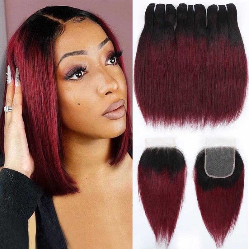 FQ 1b/99j Ombre Bundles with Closure(10 10 10+10) Brazilian Straight Human Hair Red Burgundy Short Bob with 4x4 Lace Closure 50g/bundle - Image 1