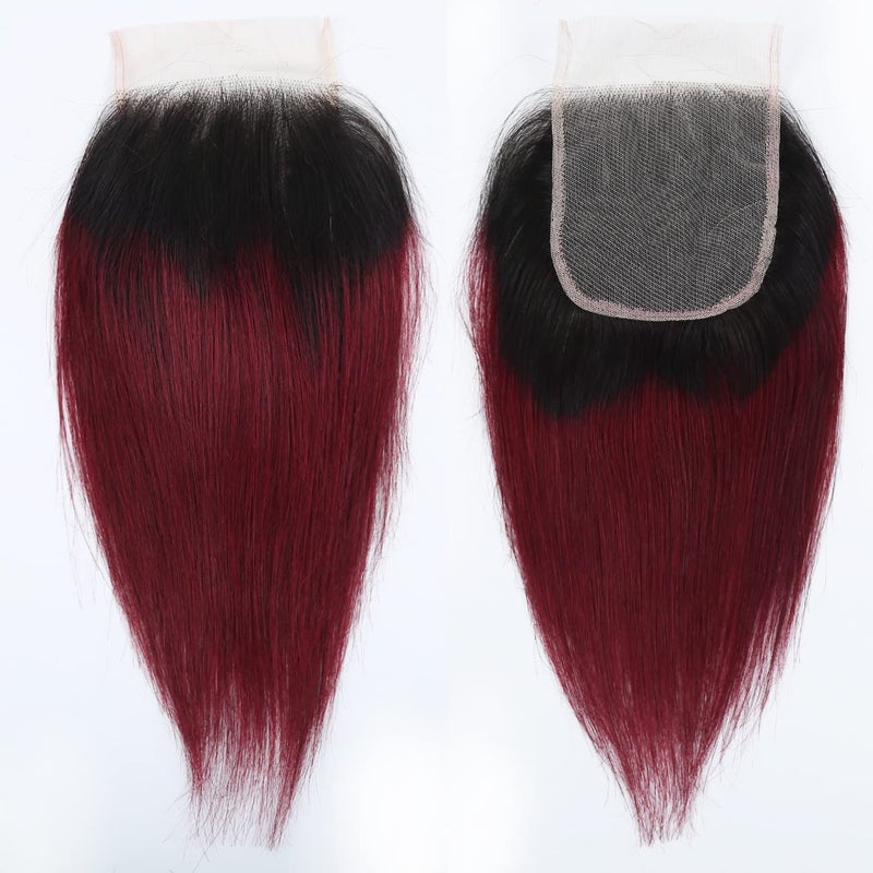 FQ 1b/99j Ombre Bundles with Closure(10 10 10+10) Brazilian Straight Human Hair Red Burgundy Short Bob with 4x4 Lace Closure 50g/bundle - Image 4