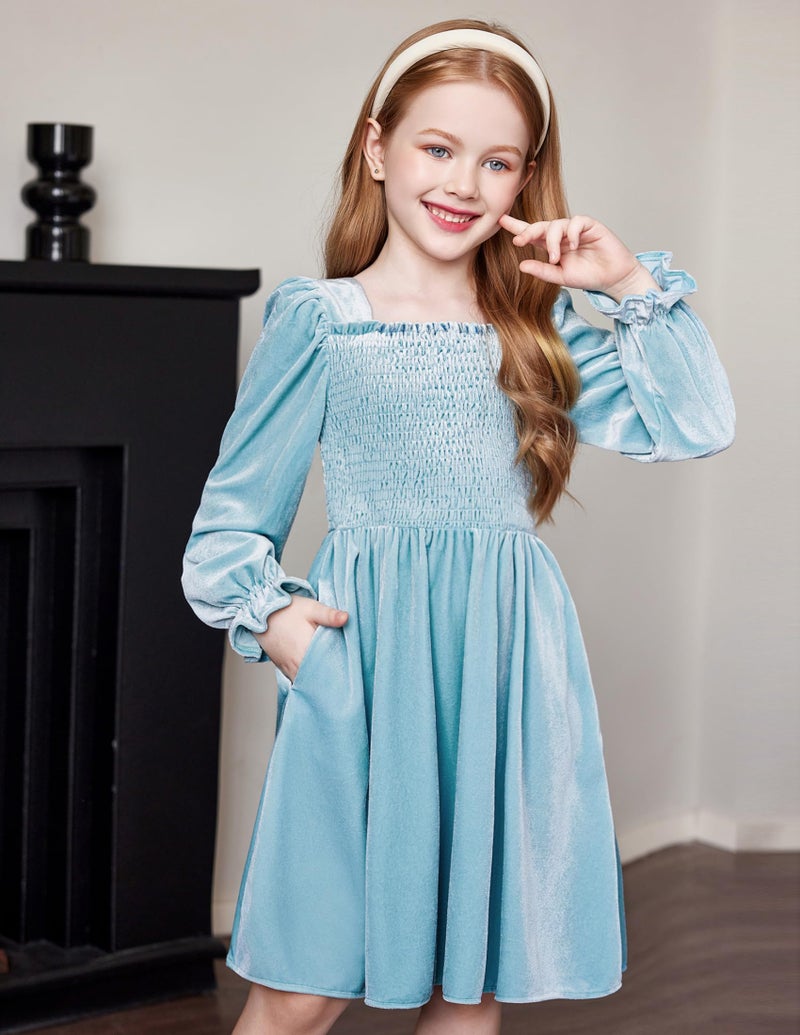 Arshiner Girls Puff Long Sleeve Dress Toddler Smocked Velvet Casual Blue Birthday Party Dresses with Pockets 6-7 Y - Image 5
