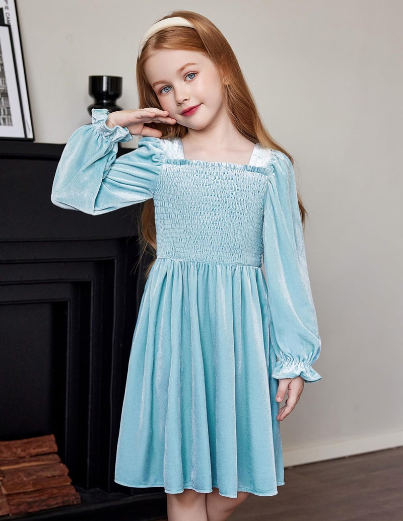 Arshiner Girls Puff Long Sleeve Dress Toddler Smocked Velvet Casual Blue Birthday Party Dresses with Pockets 6-7 Y - Image 2