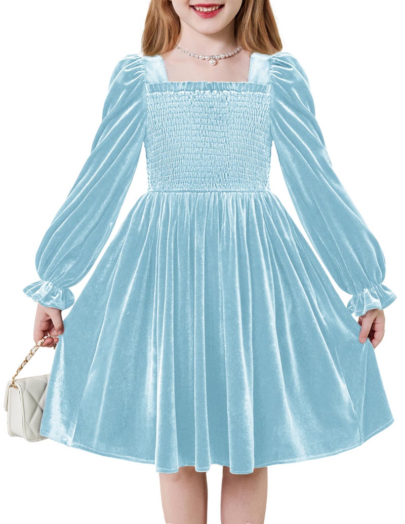 Arshiner Girls Puff Long Sleeve Dress Toddler Smocked Velvet Casual Blue Birthday Party Dresses with Pockets 6-7 Y - Image 1