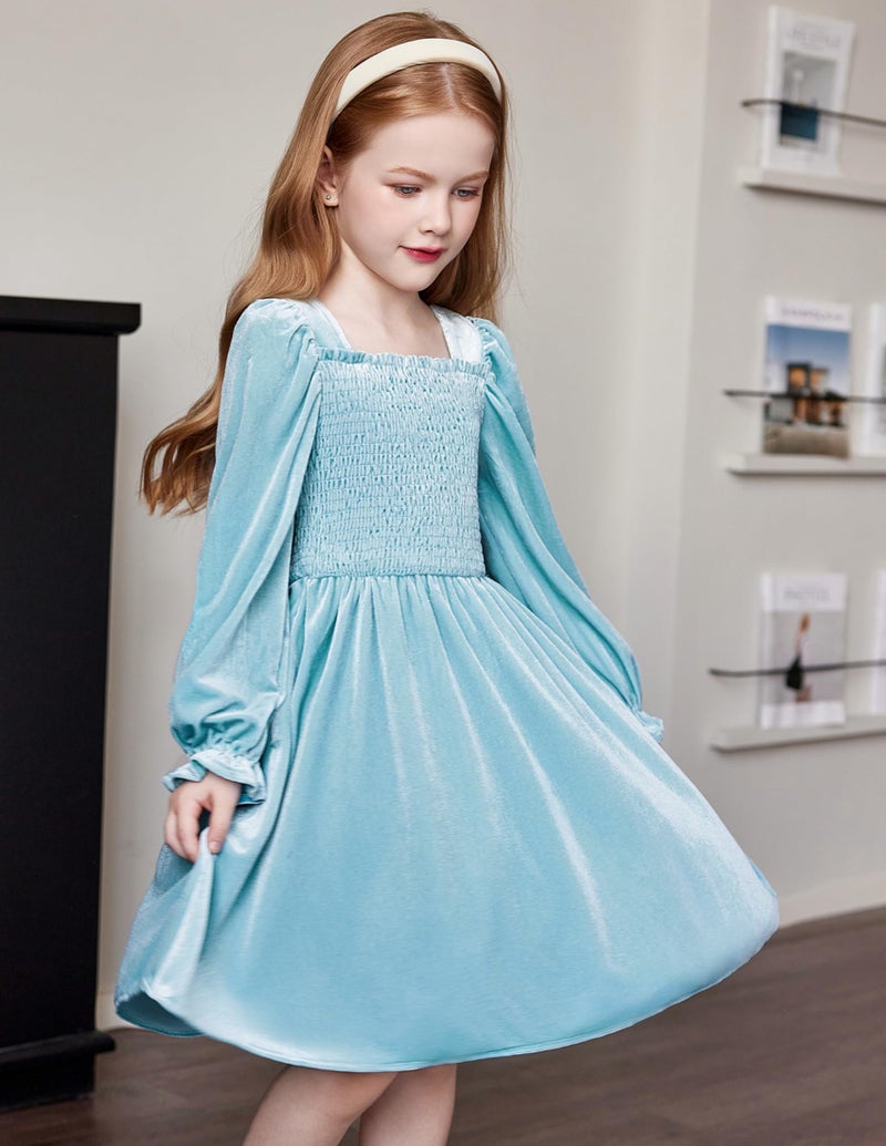 Arshiner Girls Puff Long Sleeve Dress Toddler Smocked Velvet Casual Blue Birthday Party Dresses with Pockets 6-7 Y - Image 4