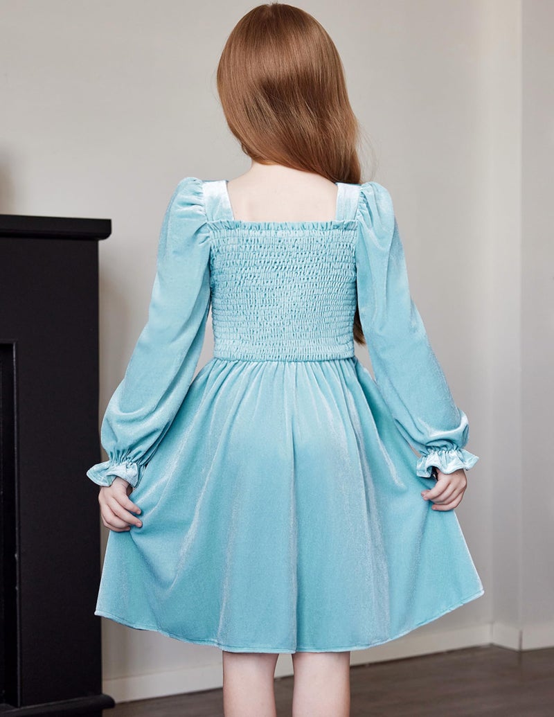 Arshiner Girls Puff Long Sleeve Dress Toddler Smocked Velvet Casual Blue Birthday Party Dresses with Pockets 6-7 Y - Image 3