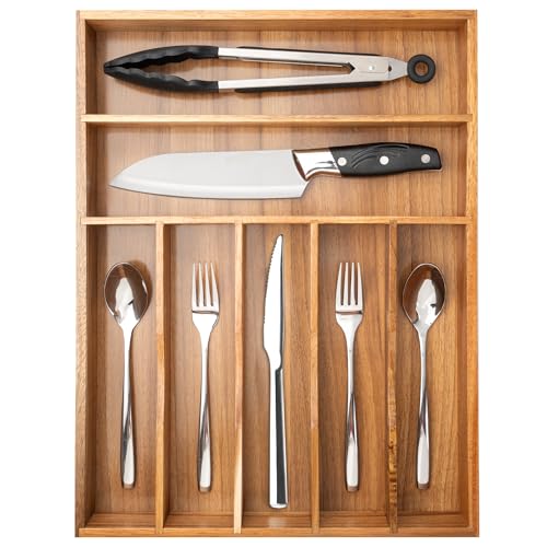 Conflech Silverware Organizer Acacia Kitchen Drawer Organizer Utensil Organizer Silverware Holder Cutlery Organizer in drawer Flatware Organizer Tray (Acacia 7 Slots) - Image 1