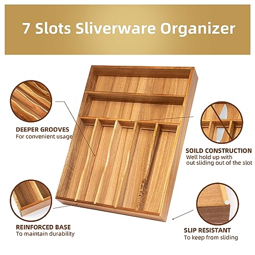 Conflech Silverware Organizer Acacia Kitchen Drawer Organizer Utensil Organizer Silverware Holder Cutlery Organizer in drawer Flatware Organizer Tray (Acacia 7 Slots) - Image 3