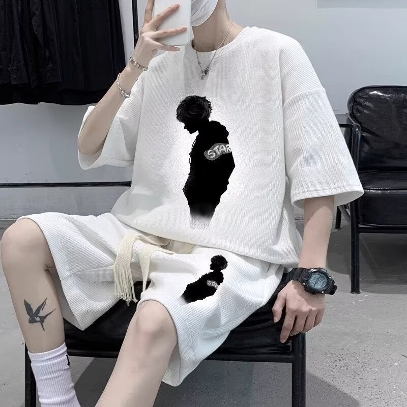 Mens Summer Suit American Fashionable Short-sleeved T-shirt Shorts Two-piece Set Waffles Casual Large Size Set White [set]]