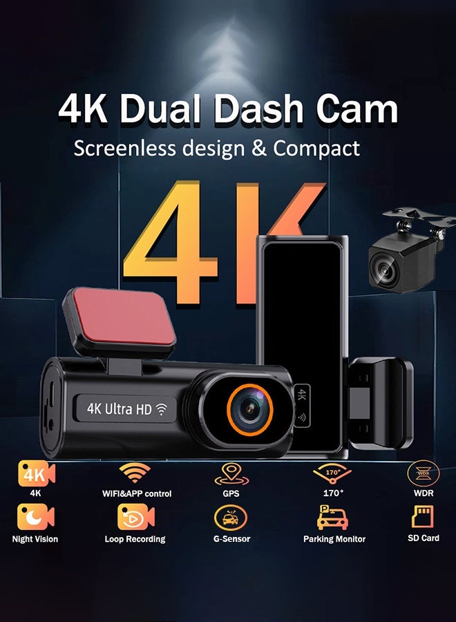 Digisand Dash Cam WIFI GPS Mini CAR DVR Front 4K And Rear 1080P Dual Lens Black Box Room Camera Night Vision 24H Parking Monitor Free 64GB SD Card - Image 2