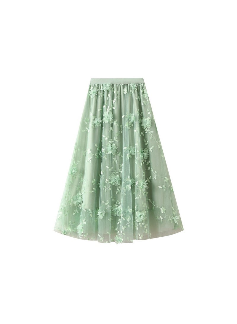 Loquat Women's Artistic Hhigh Waisted Long Skirt Green  - Image 1