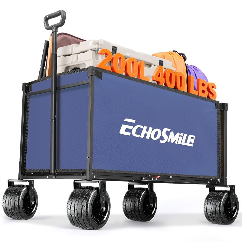 EchoSmile Collapsible Wagon Cart for Camping & Beach - Heavy Duty 400lbs Capacity All-Terrain Cart with Wide Wheels, Portable Folding Utility Wagon for Grocery, Garden, Sports,Blue&Orange - Image 1