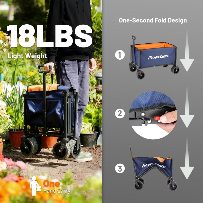 EchoSmile Collapsible Wagon Cart for Camping & Beach - Heavy Duty 400lbs Capacity All-Terrain Cart with Wide Wheels, Portable Folding Utility Wagon for Grocery, Garden, Sports,Blue&Orange - Image 5