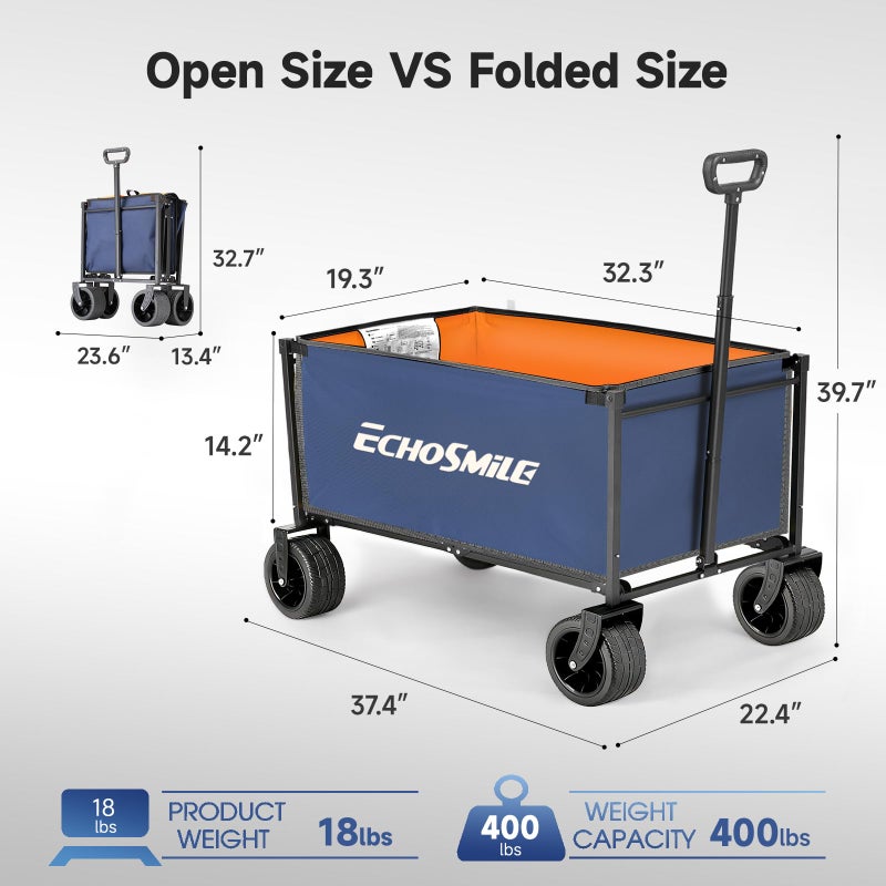 EchoSmile Collapsible Wagon Cart for Camping & Beach - Heavy Duty 400lbs Capacity All-Terrain Cart with Wide Wheels, Portable Folding Utility Wagon for Grocery, Garden, Sports,Blue&Orange - Image 2