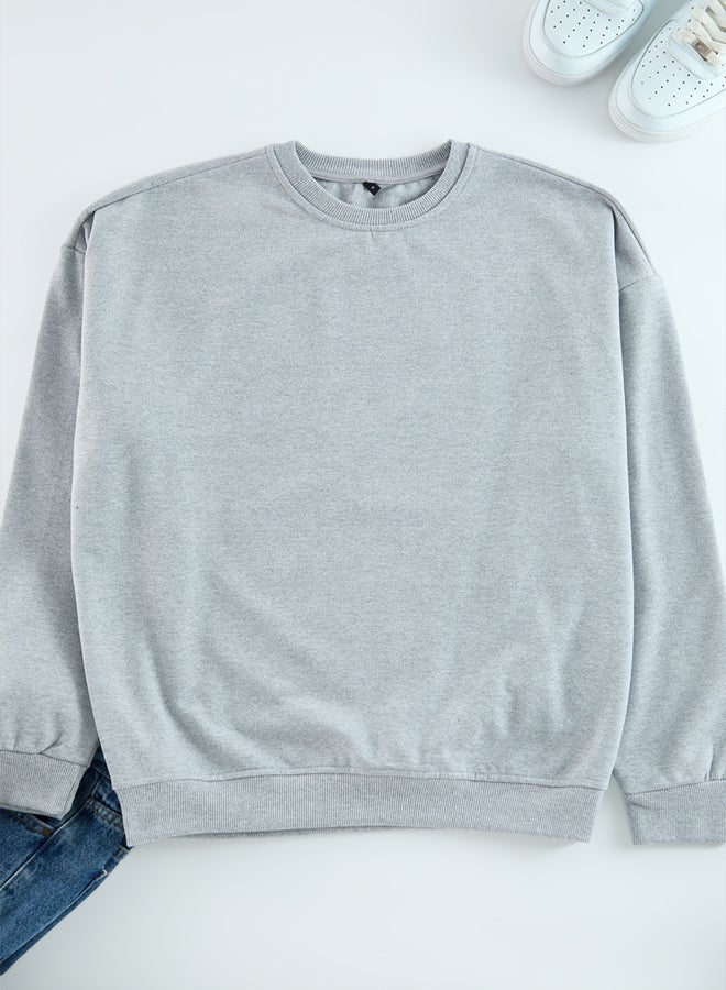 trendyol Grey Melange Regular/Normal Cut Crew Neck Printed Inside Polar Fleece Sweatshirt - Image 3