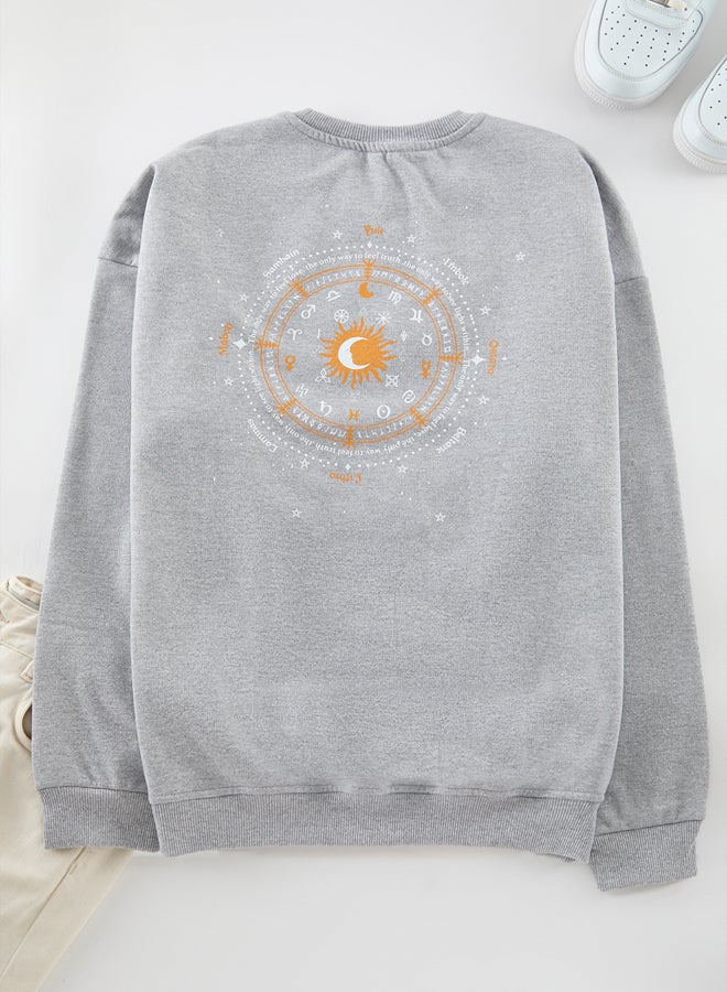 trendyol Grey Melange Regular/Normal Cut Crew Neck Printed Inside Polar Fleece Sweatshirt - Image 4