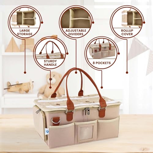 OCEANEVO Cute Felt Diaper Caddy Organizer Bag with Lid and Removable Shoulder Strap | Baby Basket Essentials for Newborn Baby Products Storage with Compartments | 40 x 27 x 19 cm | Model 2 – Beige - Image 4