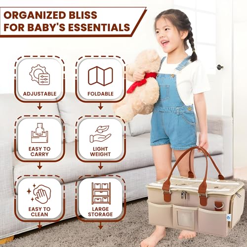 OCEANEVO Cute Felt Diaper Caddy Organizer Bag with Lid and Removable Shoulder Strap | Baby Basket Essentials for Newborn Baby Products Storage with Compartments | 40 x 27 x 19 cm | Model 2 – Beige - Image 3