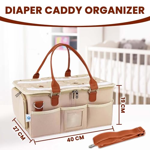 OCEANEVO Cute Felt Diaper Caddy Organizer Bag with Lid and Removable Shoulder Strap | Baby Basket Essentials for Newborn Baby Products Storage with Compartments | 40 x 27 x 19 cm | Model 2 – Beige - Image 2